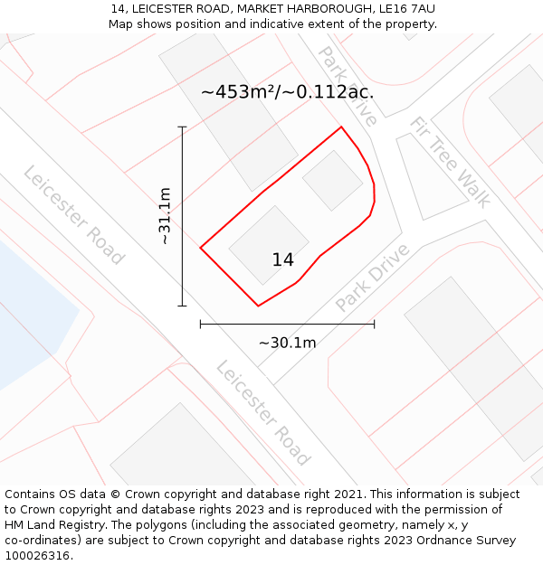 14, LEICESTER ROAD, MARKET HARBOROUGH, LE16 7AU: Plot and title map