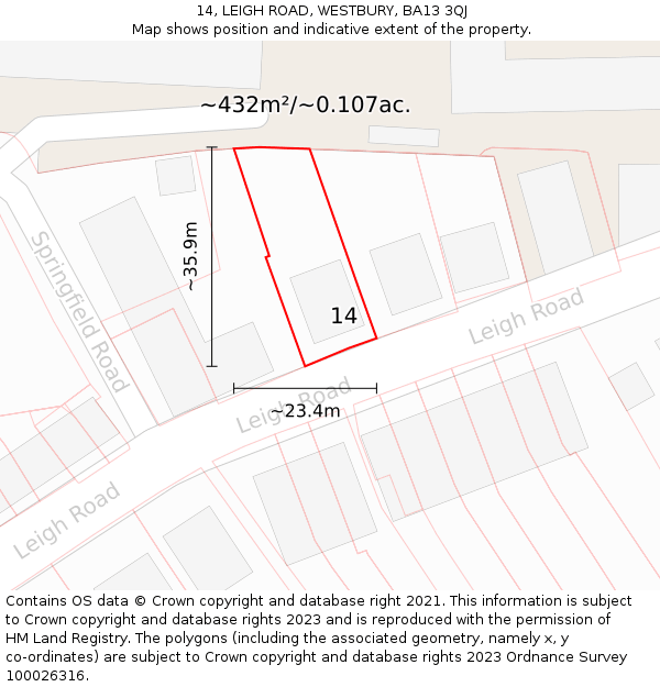 14, LEIGH ROAD, WESTBURY, BA13 3QJ: Plot and title map