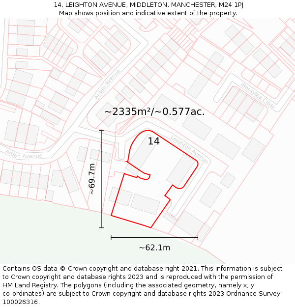 14, LEIGHTON AVENUE, MIDDLETON, MANCHESTER, M24 1PJ: Plot and title map