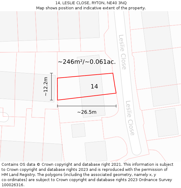 14, LESLIE CLOSE, RYTON, NE40 3NQ: Plot and title map