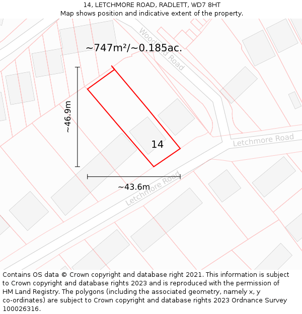 14, LETCHMORE ROAD, RADLETT, WD7 8HT: Plot and title map