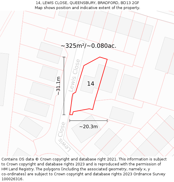 14, LEWIS CLOSE, QUEENSBURY, BRADFORD, BD13 2GF: Plot and title map