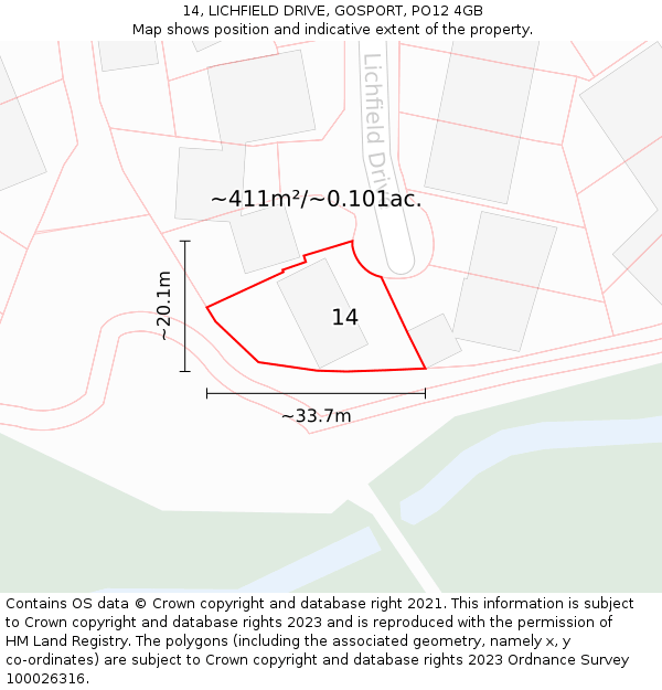 14, LICHFIELD DRIVE, GOSPORT, PO12 4GB: Plot and title map