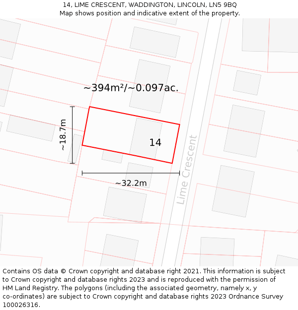 14, LIME CRESCENT, WADDINGTON, LINCOLN, LN5 9BQ: Plot and title map