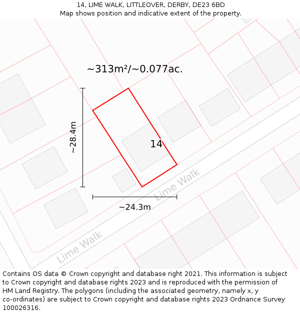 14, LIME WALK, LITTLEOVER, DERBY, DE23 6BD: Plot and title map