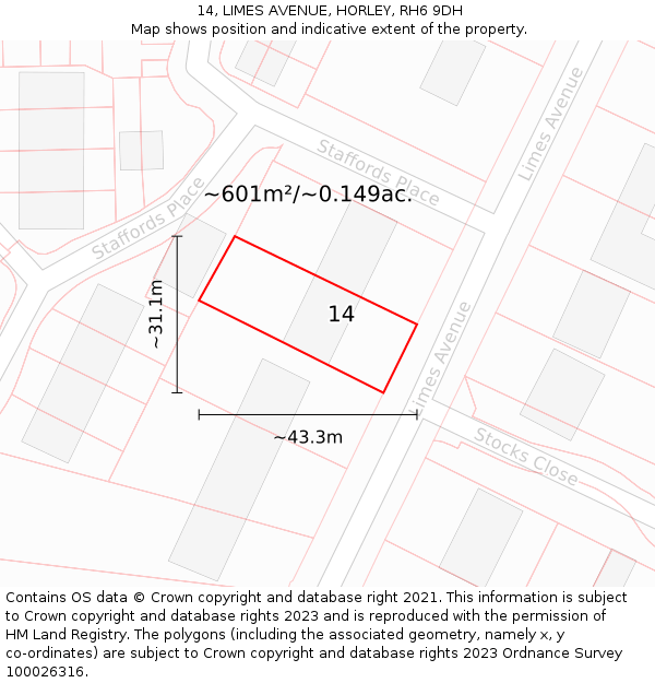 14, LIMES AVENUE, HORLEY, RH6 9DH: Plot and title map