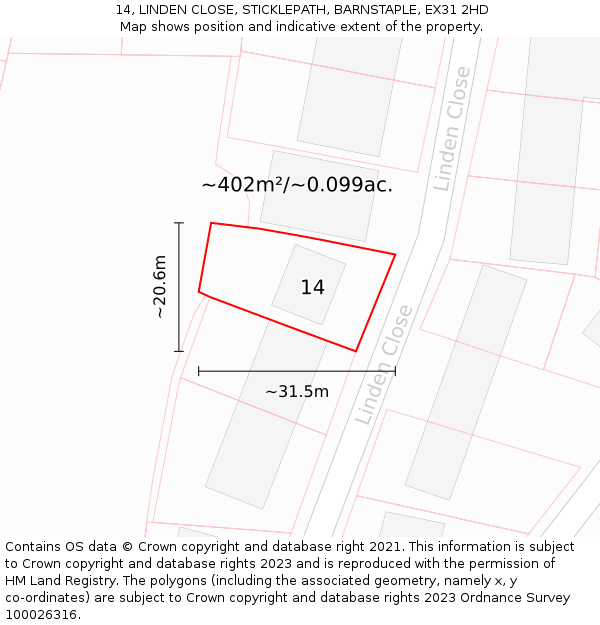 14, LINDEN CLOSE, STICKLEPATH, BARNSTAPLE, EX31 2HD: Plot and title map