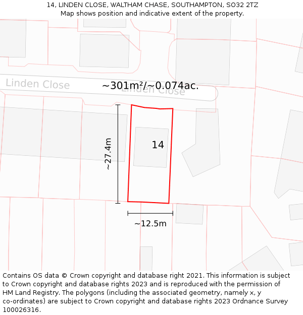 14, LINDEN CLOSE, WALTHAM CHASE, SOUTHAMPTON, SO32 2TZ: Plot and title map