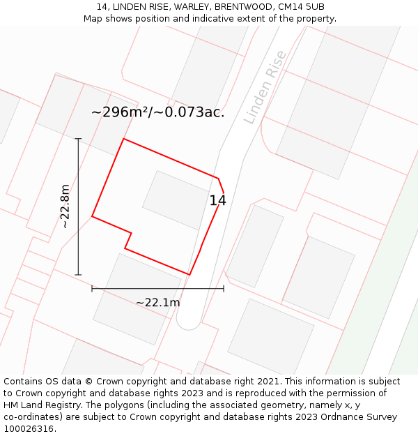 14, LINDEN RISE, WARLEY, BRENTWOOD, CM14 5UB: Plot and title map