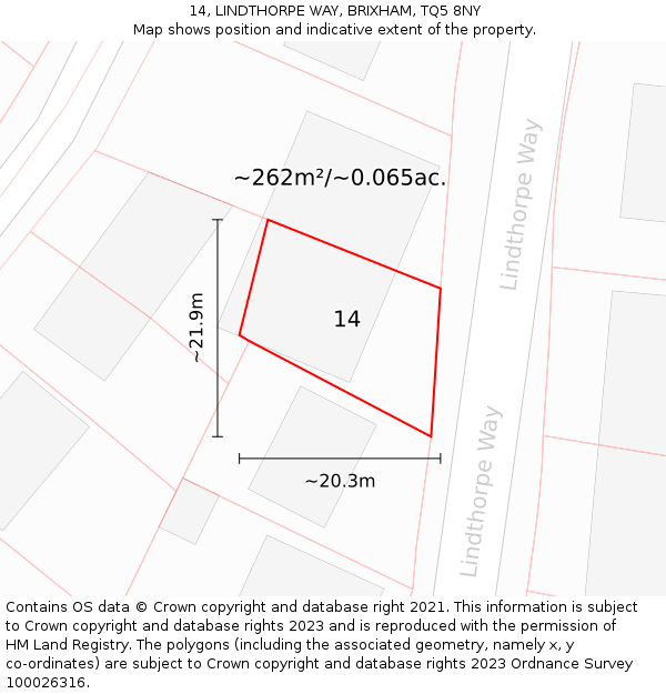 14, LINDTHORPE WAY, BRIXHAM, TQ5 8NY: Plot and title map