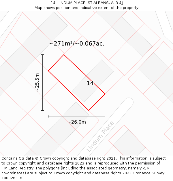 14, LINDUM PLACE, ST ALBANS, AL3 4JJ: Plot and title map