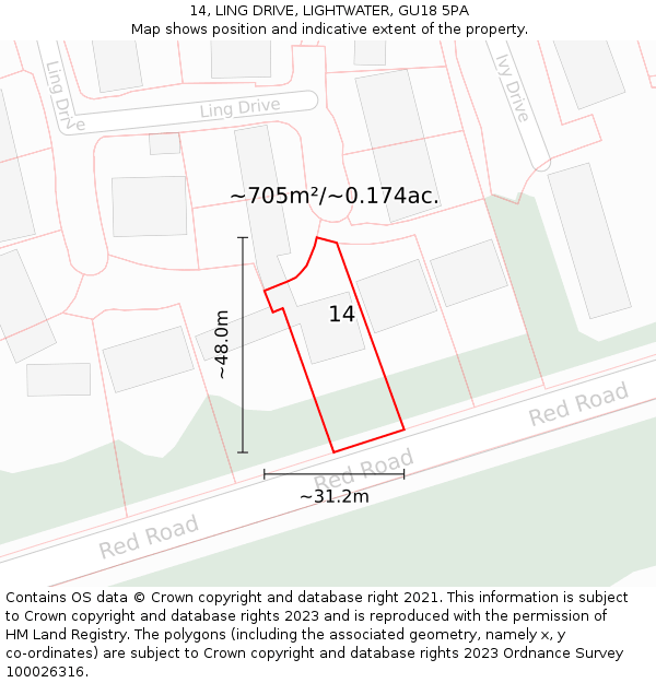 14, LING DRIVE, LIGHTWATER, GU18 5PA: Plot and title map