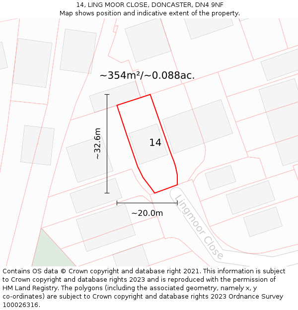 14, LING MOOR CLOSE, DONCASTER, DN4 9NF: Plot and title map