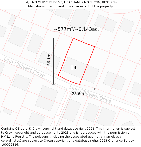 14, LINN CHILVERS DRIVE, HEACHAM, KING'S LYNN, PE31 7SW: Plot and title map