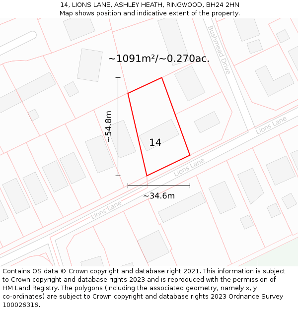 14, LIONS LANE, ASHLEY HEATH, RINGWOOD, BH24 2HN: Plot and title map