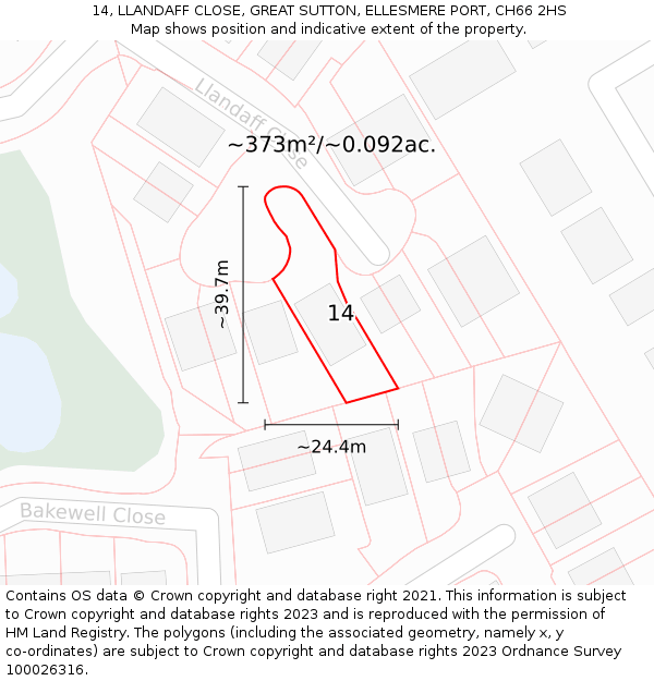 14, LLANDAFF CLOSE, GREAT SUTTON, ELLESMERE PORT, CH66 2HS: Plot and title map