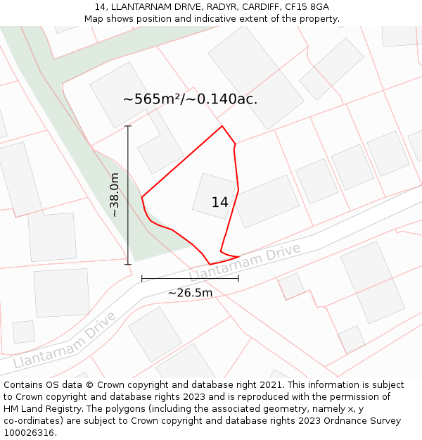 14, LLANTARNAM DRIVE, RADYR, CARDIFF, CF15 8GA: Plot and title map