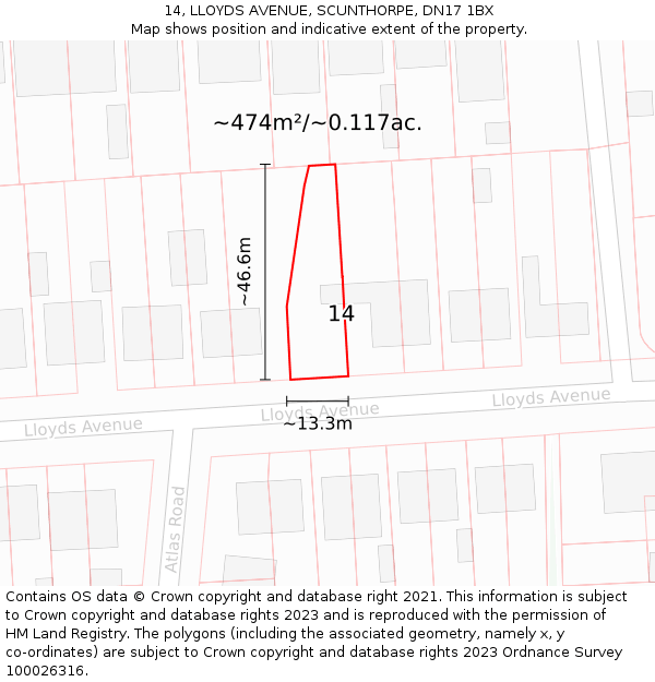 14, LLOYDS AVENUE, SCUNTHORPE, DN17 1BX: Plot and title map