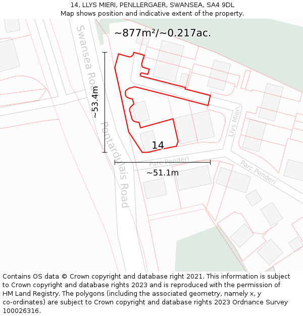 14, LLYS MIERI, PENLLERGAER, SWANSEA, SA4 9DL: Plot and title map