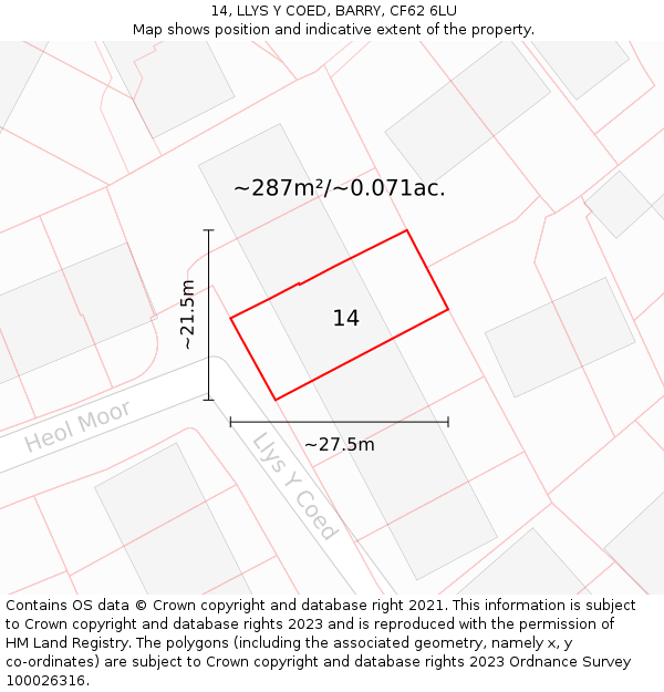 14, LLYS Y COED, BARRY, CF62 6LU: Plot and title map