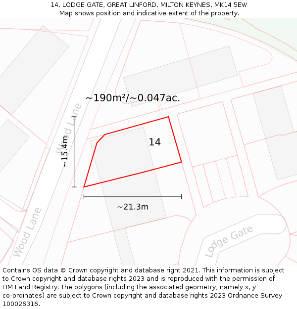 14, LODGE GATE, GREAT LINFORD, MILTON KEYNES, MK14 5EW: Plot and title map