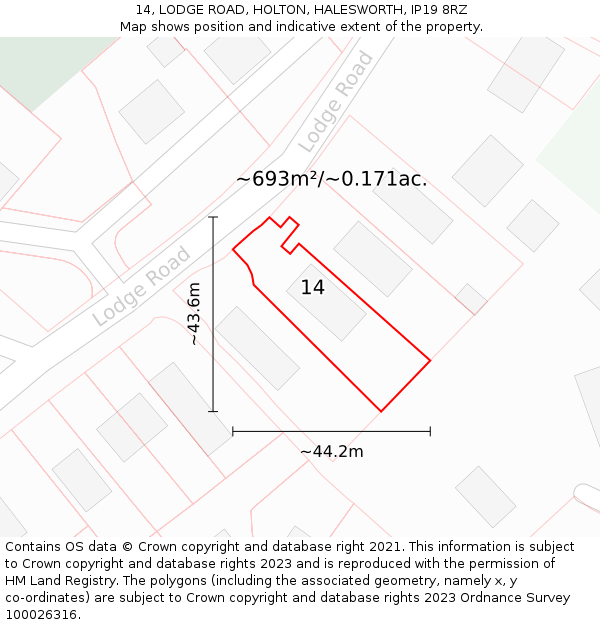 14, LODGE ROAD, HOLTON, HALESWORTH, IP19 8RZ: Plot and title map