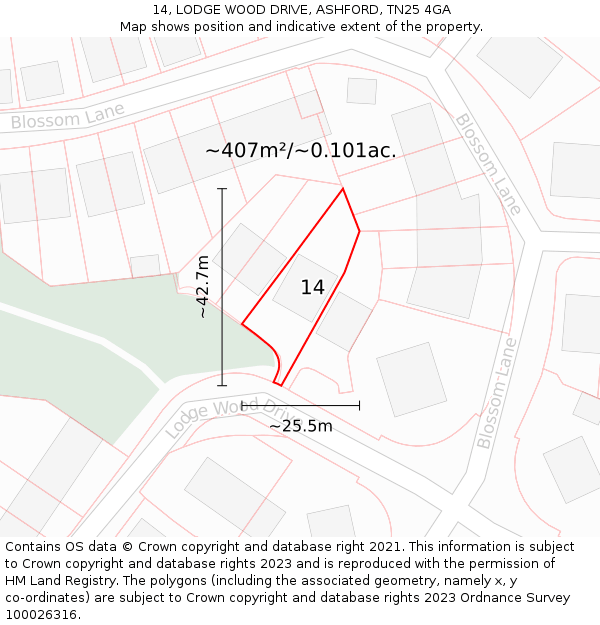 14, LODGE WOOD DRIVE, ASHFORD, TN25 4GA: Plot and title map