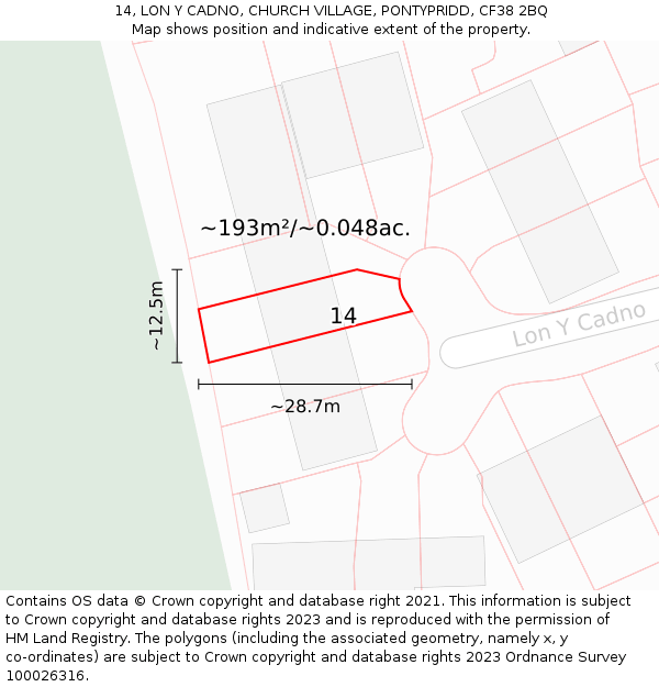 14, LON Y CADNO, CHURCH VILLAGE, PONTYPRIDD, CF38 2BQ: Plot and title map