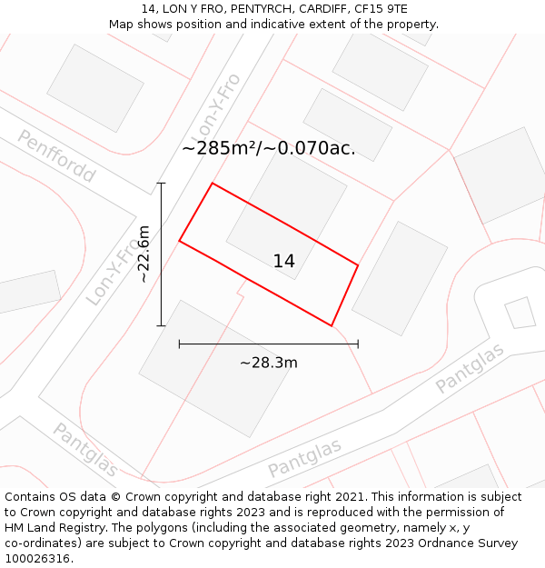 14, LON Y FRO, PENTYRCH, CARDIFF, CF15 9TE: Plot and title map