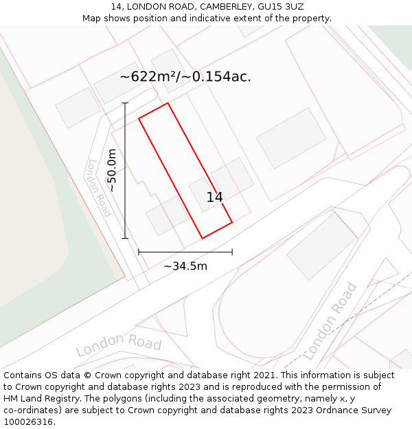 14, LONDON ROAD, CAMBERLEY, GU15 3UZ: Plot and title map