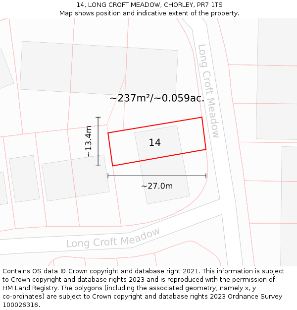 14, LONG CROFT MEADOW, CHORLEY, PR7 1TS: Plot and title map