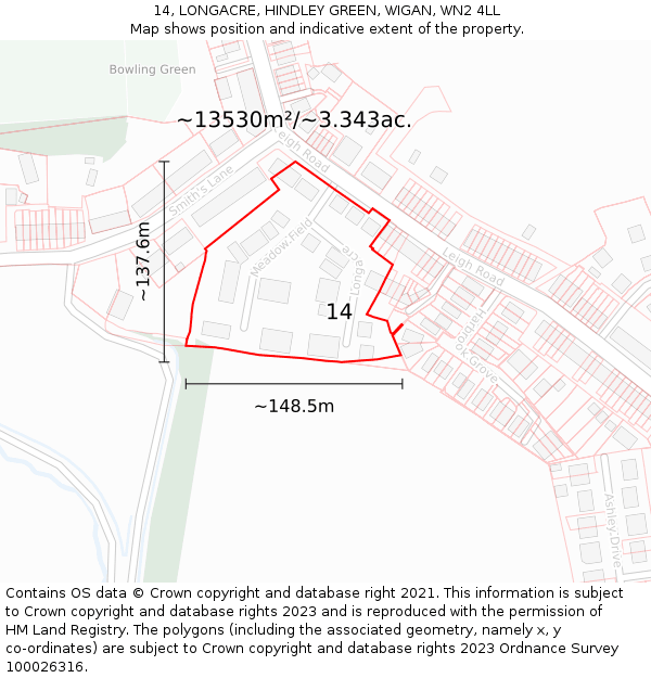 14, LONGACRE, HINDLEY GREEN, WIGAN, WN2 4LL: Plot and title map