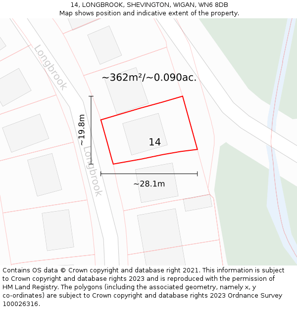 14, LONGBROOK, SHEVINGTON, WIGAN, WN6 8DB: Plot and title map