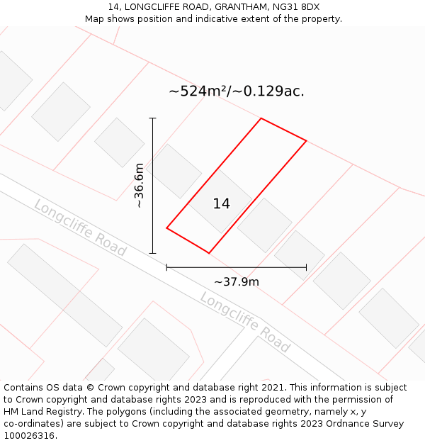 14, LONGCLIFFE ROAD, GRANTHAM, NG31 8DX: Plot and title map