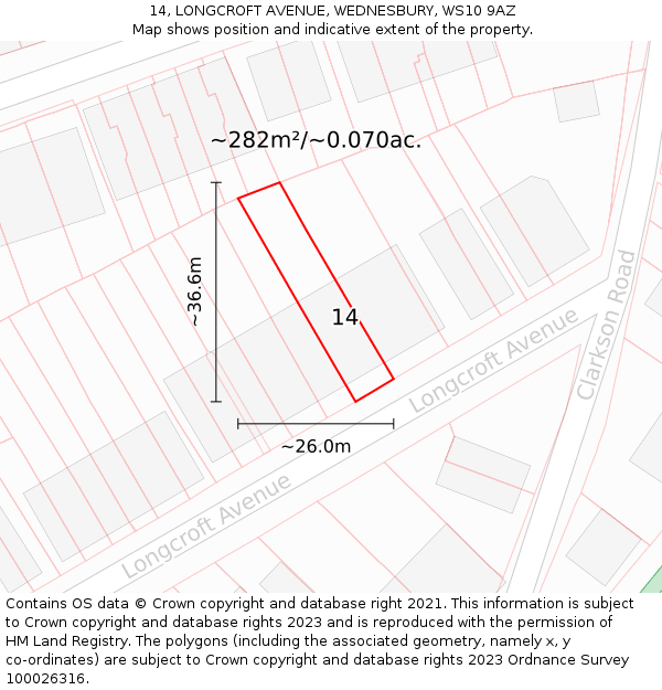 14, LONGCROFT AVENUE, WEDNESBURY, WS10 9AZ: Plot and title map