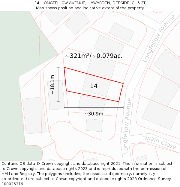 14, LONGFELLOW AVENUE, HAWARDEN, DEESIDE, CH5 3TJ: Plot and title map