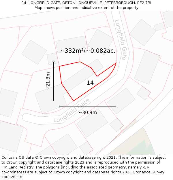14, LONGFIELD GATE, ORTON LONGUEVILLE, PETERBOROUGH, PE2 7BL: Plot and title map