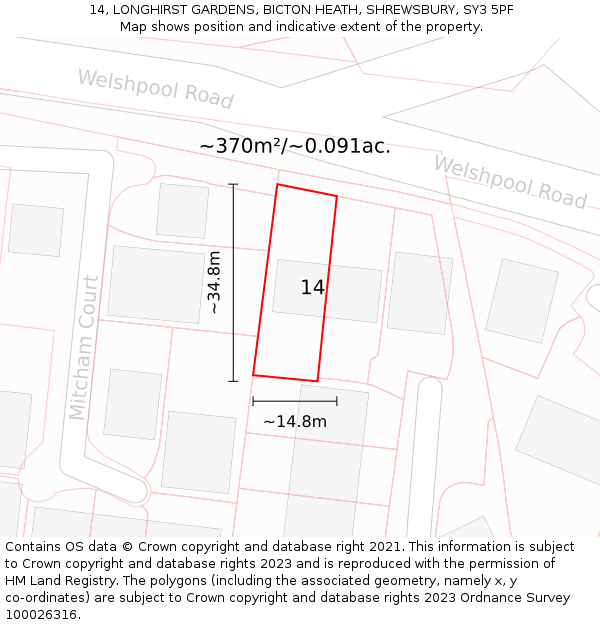 14, LONGHIRST GARDENS, BICTON HEATH, SHREWSBURY, SY3 5PF: Plot and title map
