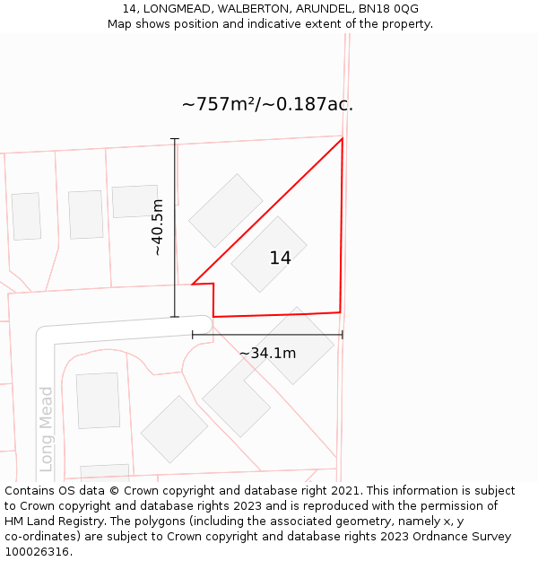 14, LONGMEAD, WALBERTON, ARUNDEL, BN18 0QG: Plot and title map