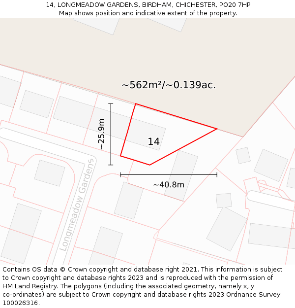 14, LONGMEADOW GARDENS, BIRDHAM, CHICHESTER, PO20 7HP: Plot and title map