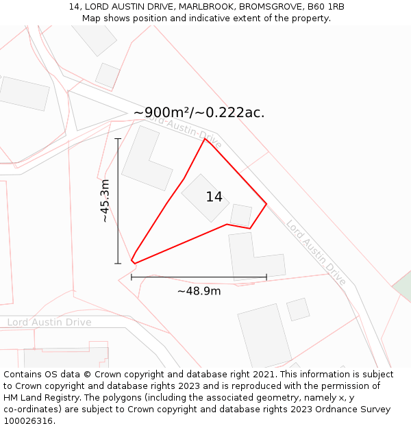 14, LORD AUSTIN DRIVE, MARLBROOK, BROMSGROVE, B60 1RB: Plot and title map