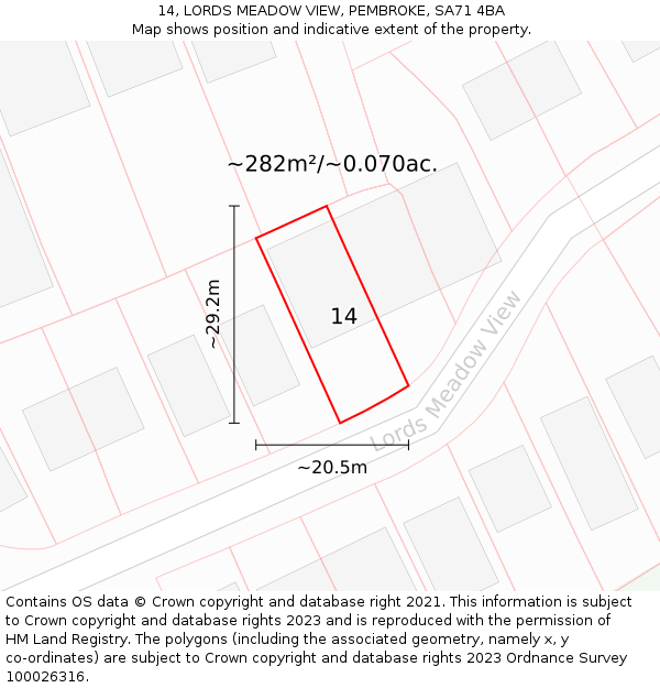 14, LORDS MEADOW VIEW, PEMBROKE, SA71 4BA: Plot and title map