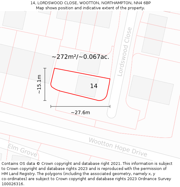 14, LORDSWOOD CLOSE, WOOTTON, NORTHAMPTON, NN4 6BP: Plot and title map