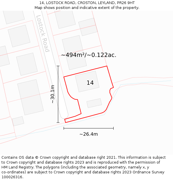 14, LOSTOCK ROAD, CROSTON, LEYLAND, PR26 9HT: Plot and title map
