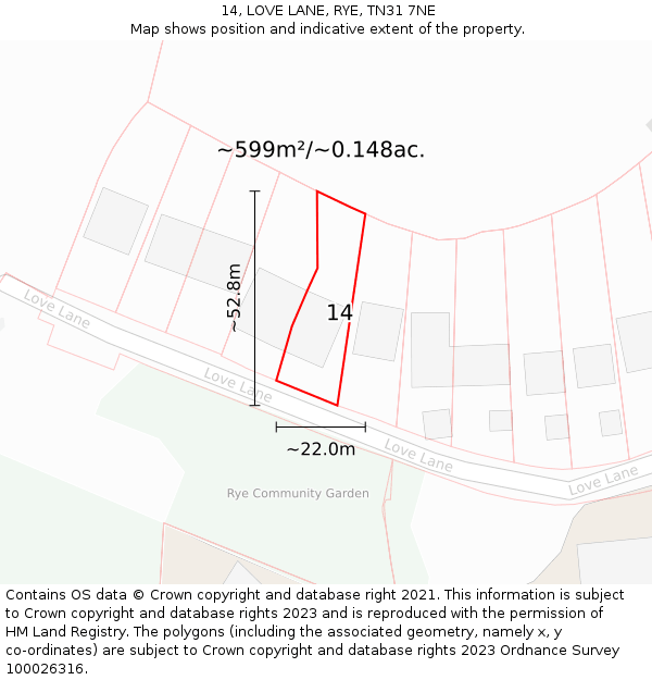 14, LOVE LANE, RYE, TN31 7NE: Plot and title map
