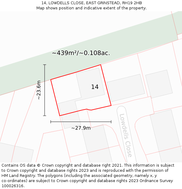 14, LOWDELLS CLOSE, EAST GRINSTEAD, RH19 2HB: Plot and title map