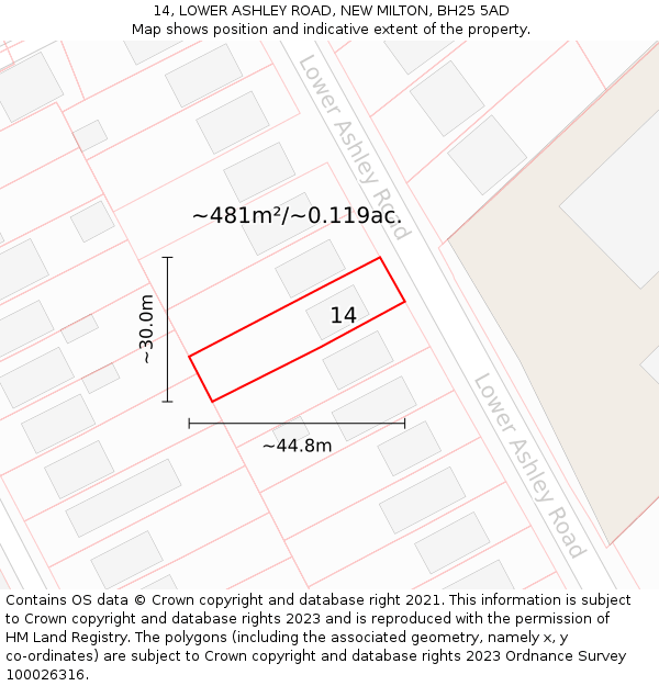 14, LOWER ASHLEY ROAD, NEW MILTON, BH25 5AD: Plot and title map