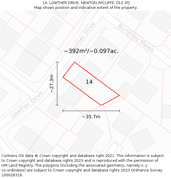 14, LOWTHER DRIVE, NEWTON AYCLIFFE, DL5 4TJ: Plot and title map