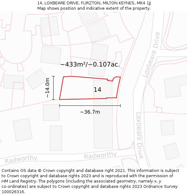 14, LOXBEARE DRIVE, FURZTON, MILTON KEYNES, MK4 1JJ: Plot and title map