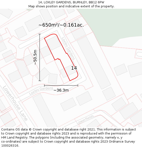 14, LOXLEY GARDENS, BURNLEY, BB12 6PW: Plot and title map